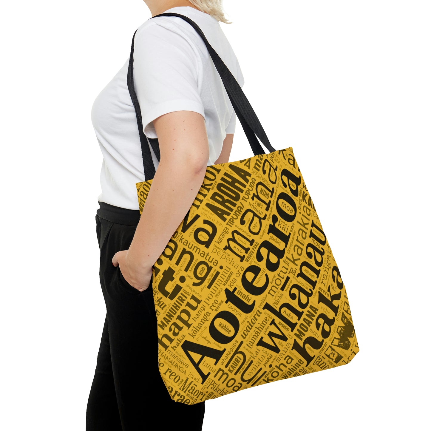 Yellow Māori Word Art Tote Bag