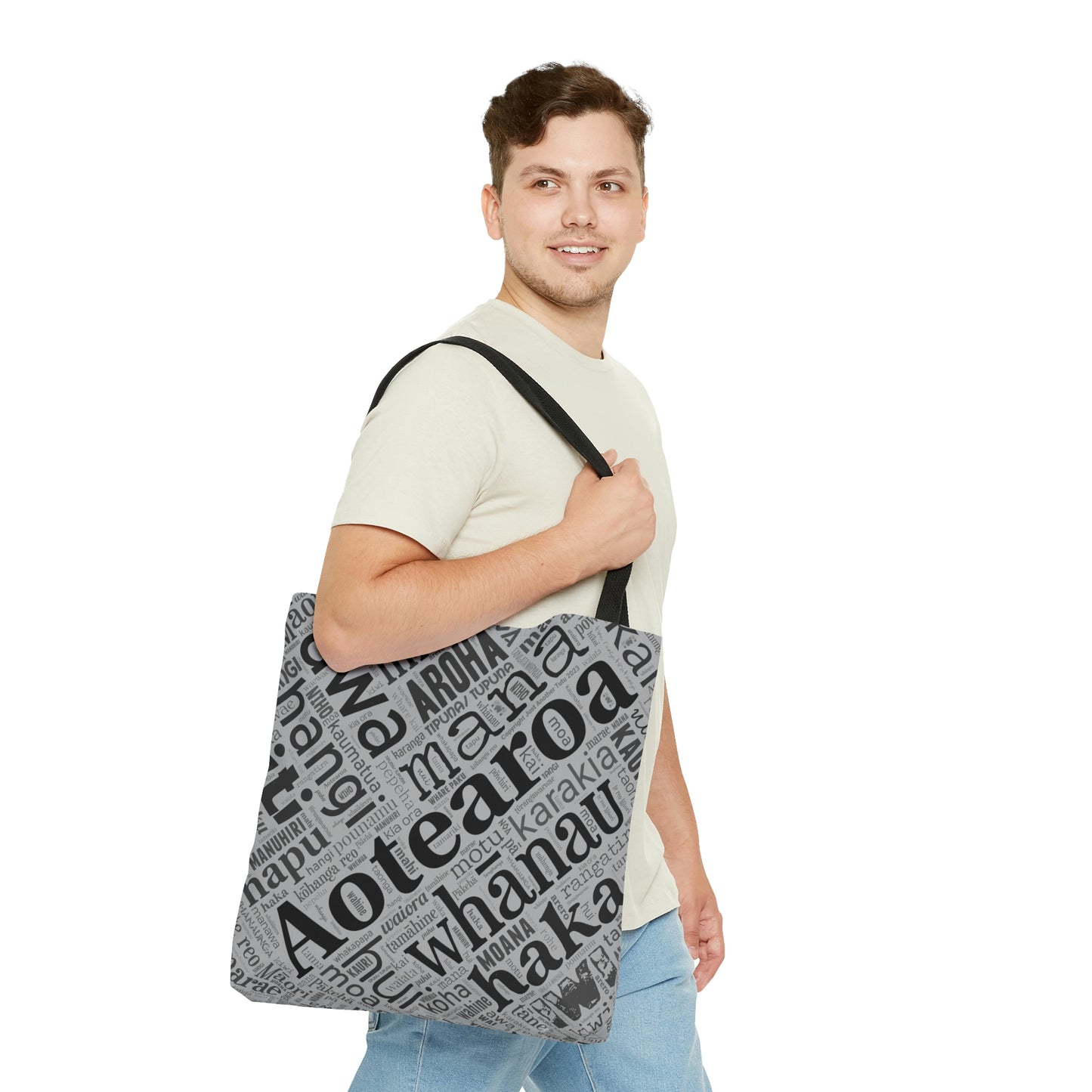 Grey Māori Word Art Tote Bag