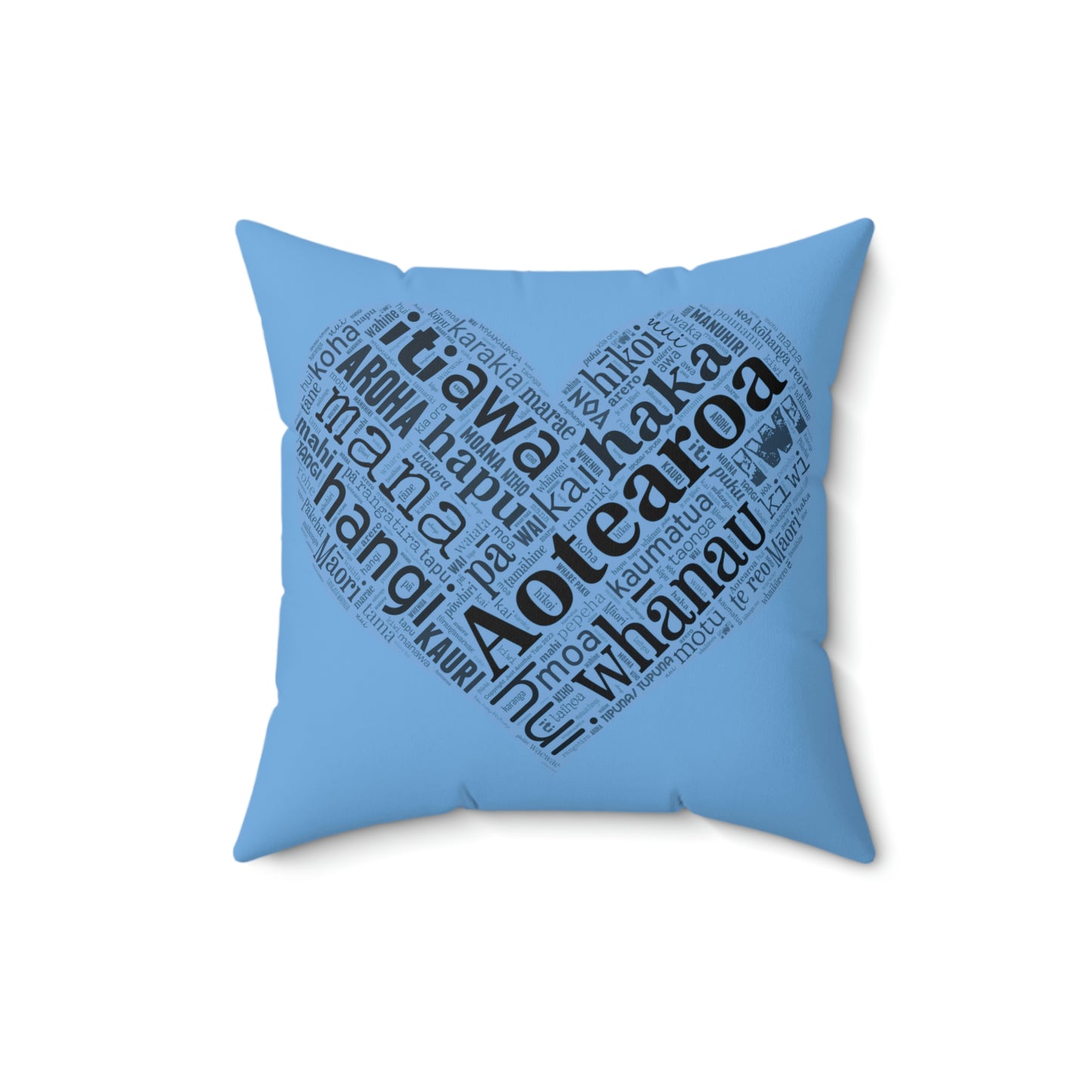 Light Blue Māori Word Art Heart Square Pillow