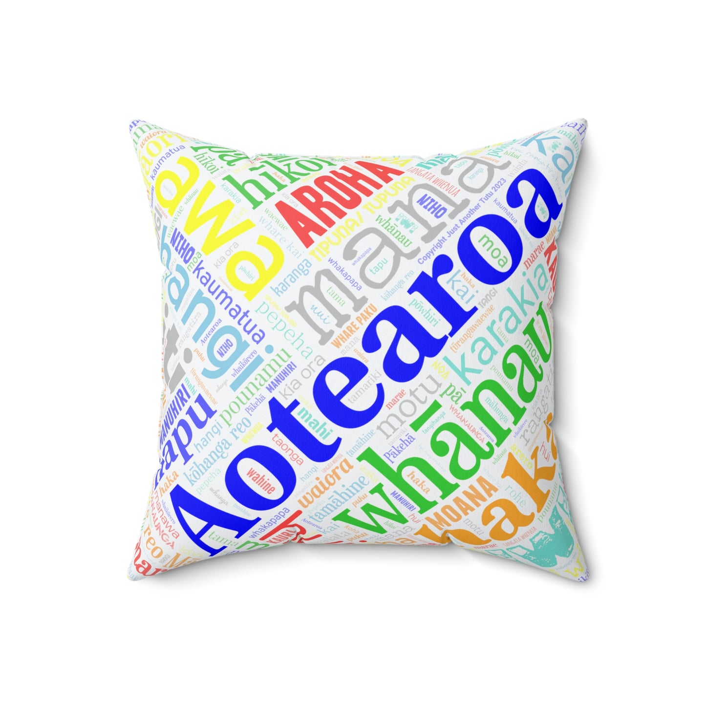 Rainbow White Māori Word Art Square Pillow