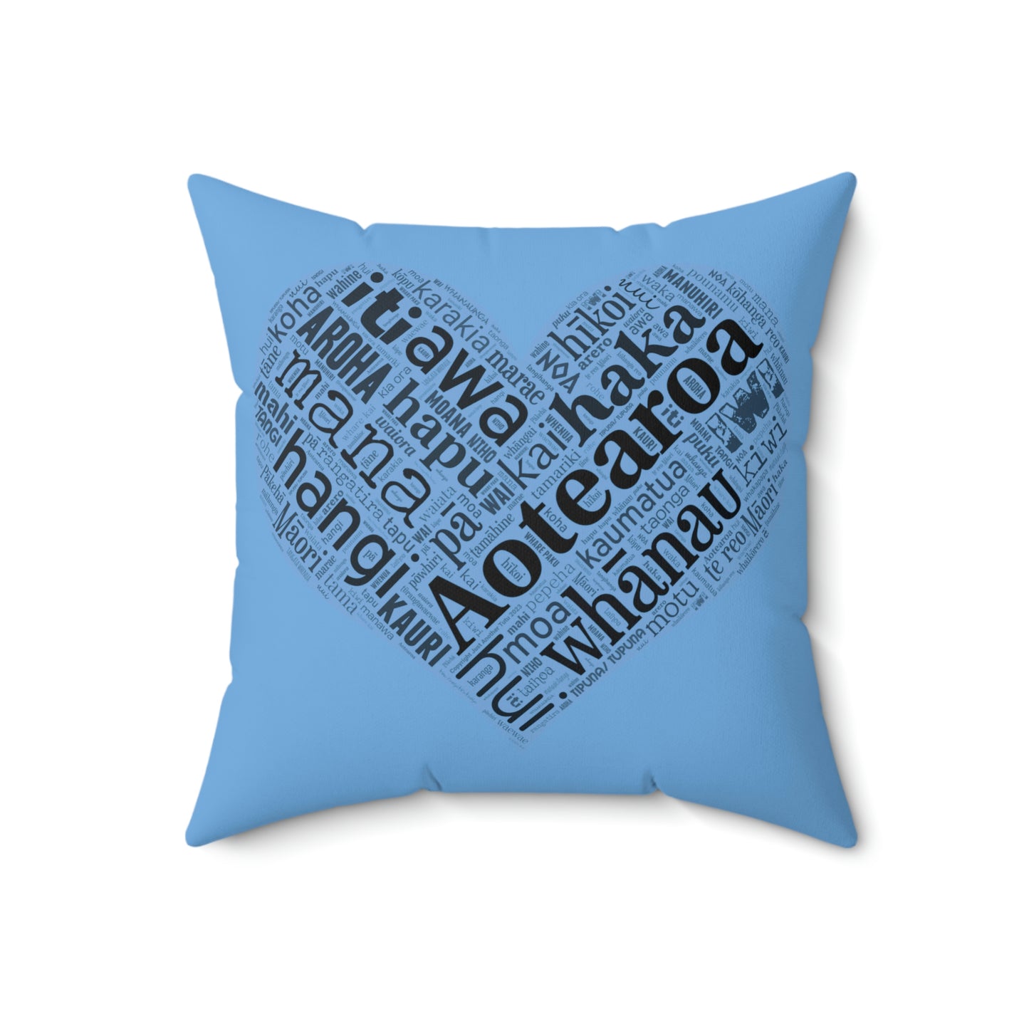Light Blue Māori Word Art Heart Square Pillow