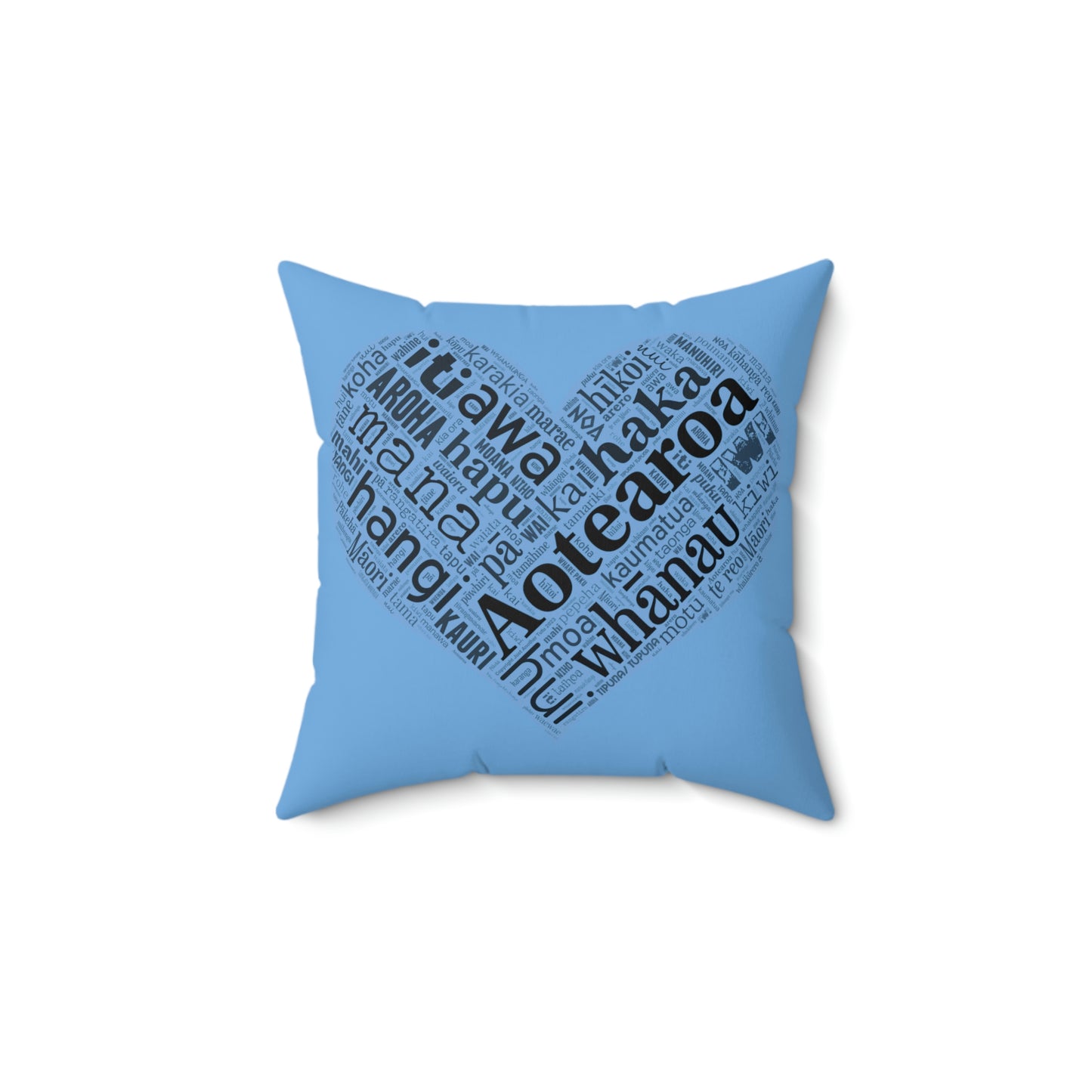 Light Blue Māori Word Art Heart Square Pillow