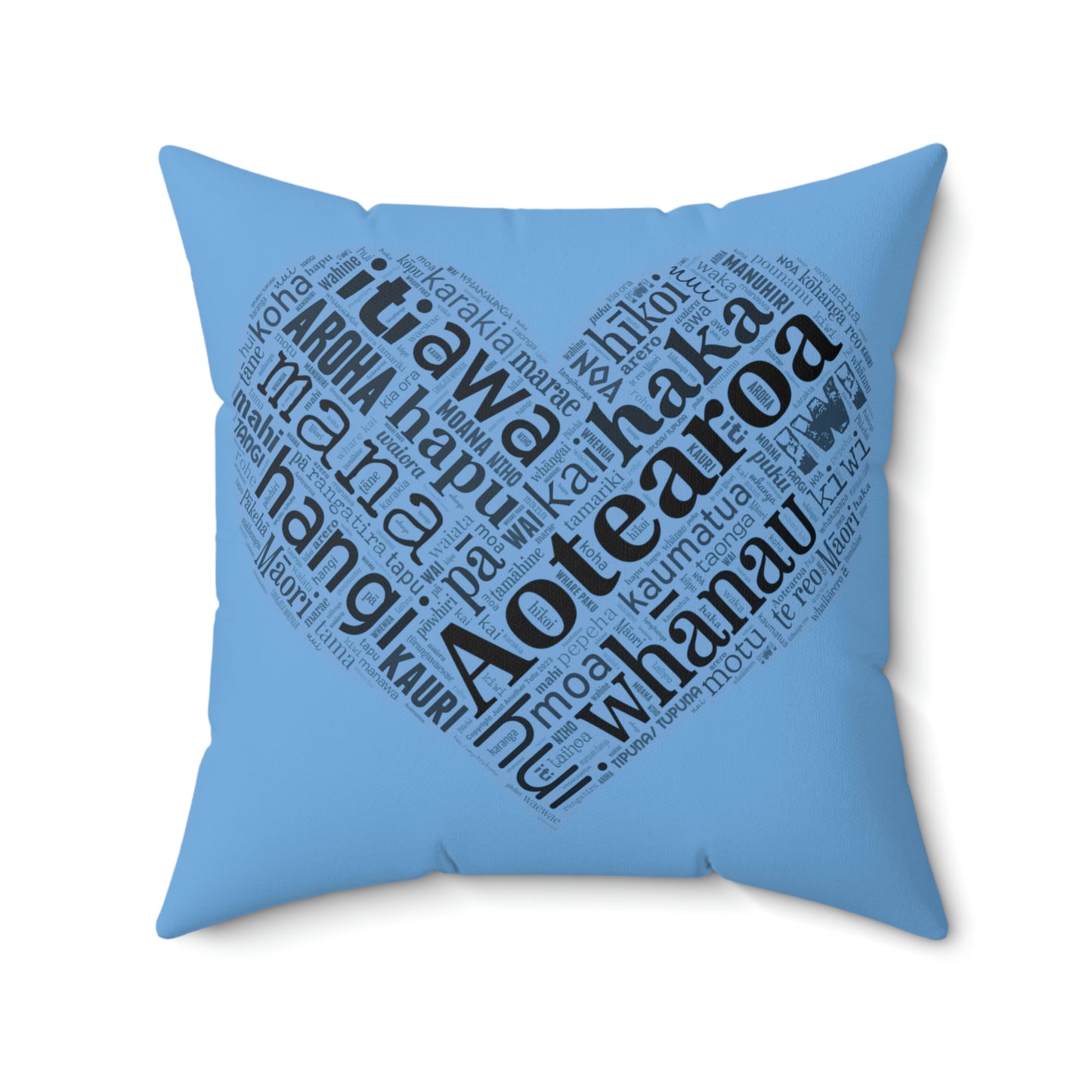 Light Blue Māori Word Art Heart Square Pillow