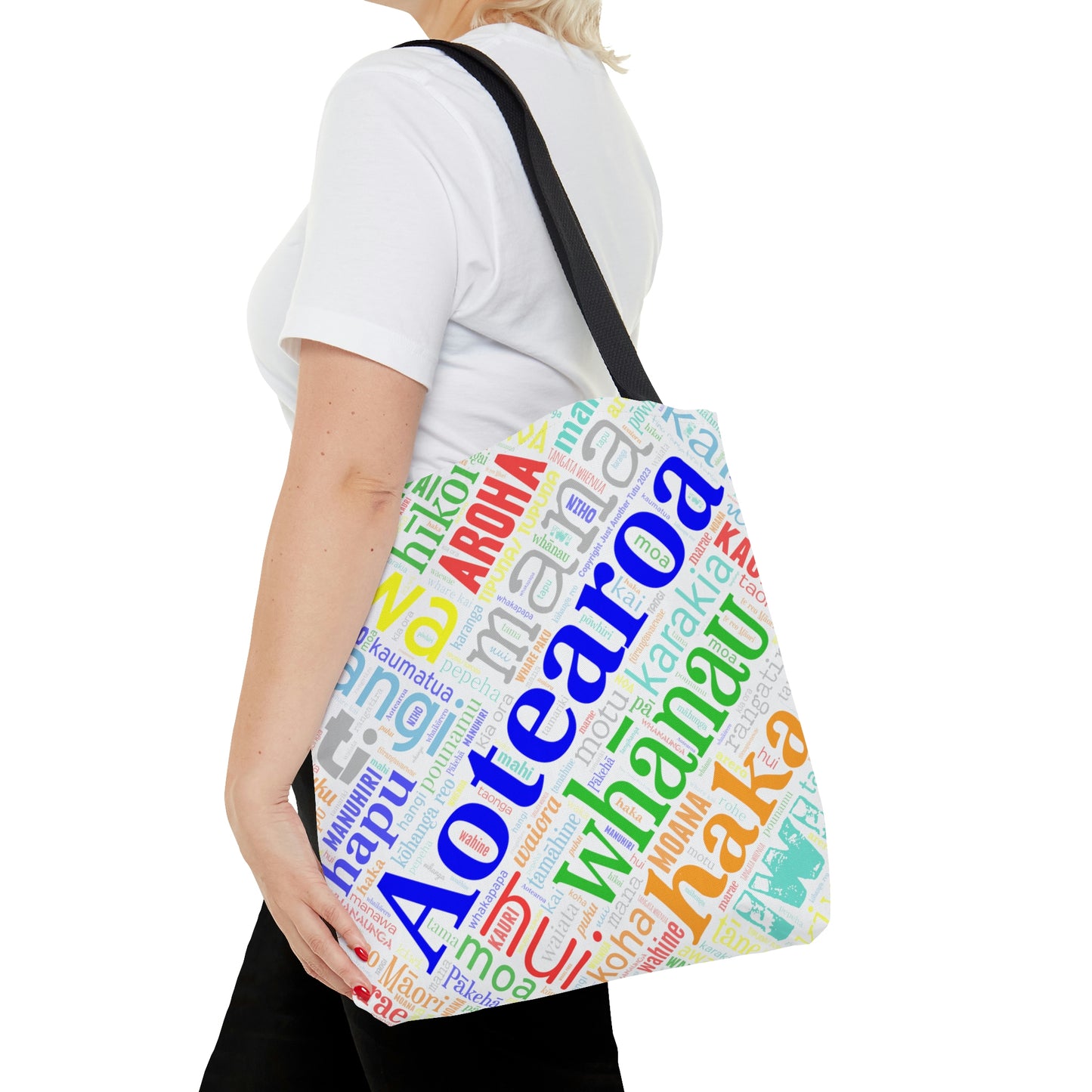 Rainbow White Māori Word Art Tote Bag