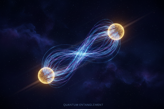 Quantum entanglement visualization showing two connected particles across space