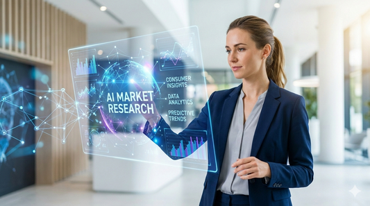 A professional woman interacting with a futuristic digital holographic interface displaying "AI Market Research," consumer insights, and predictive trend graphs in a modern office setting.
