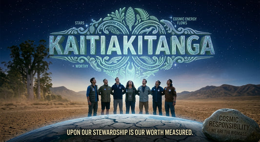 A glowing Kaitiakitanga symbol illuminating the night sky, illustrating human biomass taking on cosmic responsibility through planetary stewardship.