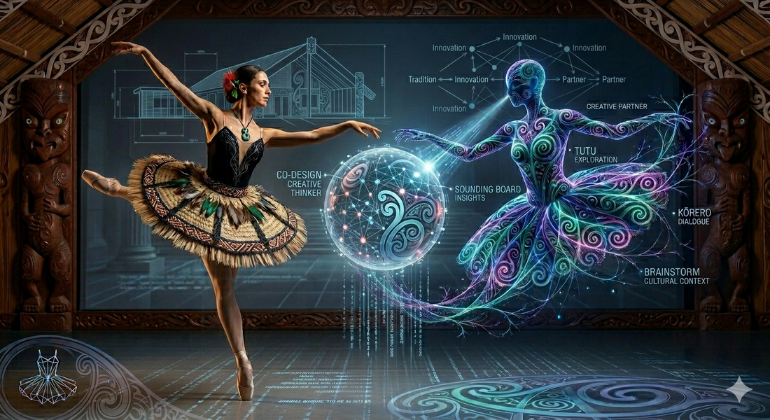 A digital artwork blending Māori 'tutu' exploration with AI collaboration, inspired by the film Her, featuring a dancer and a glowing holographic partner in a carved meeting house.