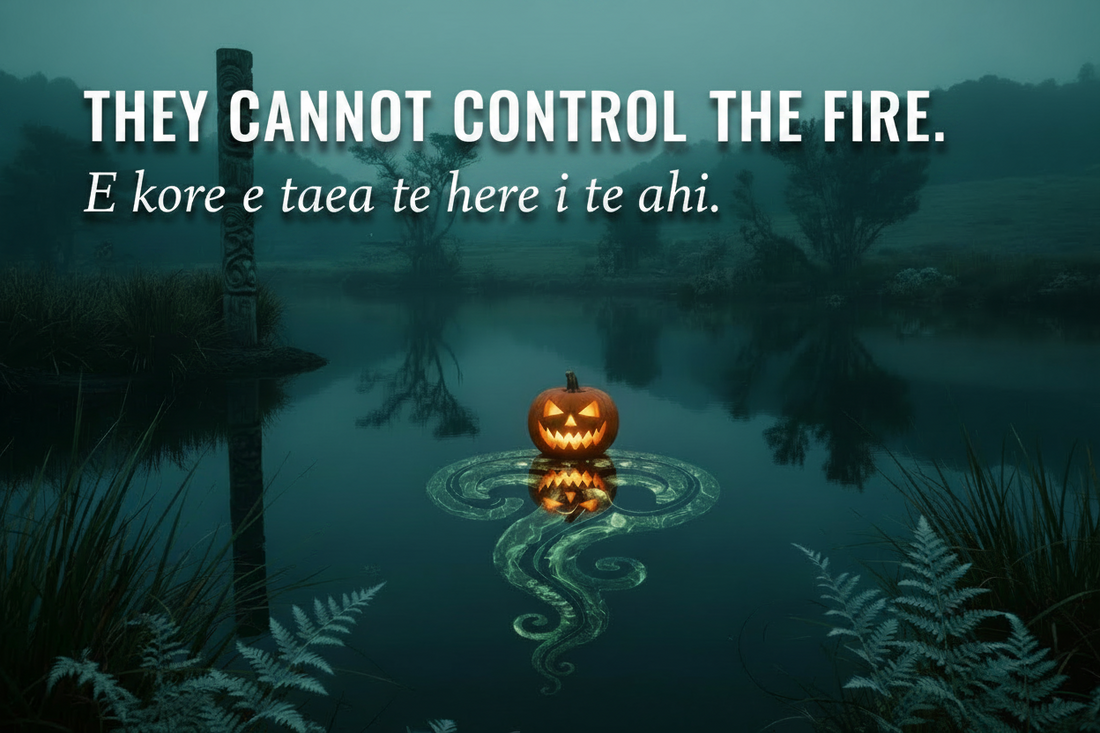 Jack-o'-lantern and manaia reflection on NZ harbour — "They cannot control the fire" — systemic tinkering 2026 election commentary.