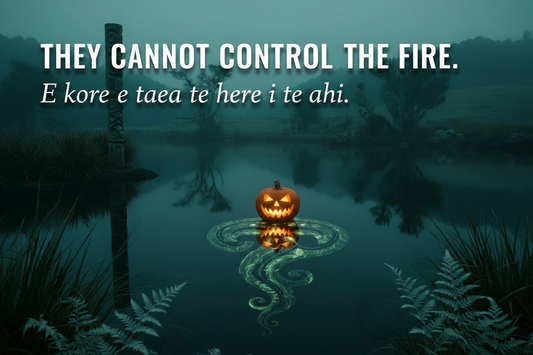 Jack-o'-lantern and manaia reflection on NZ harbour — "They cannot control the fire" — systemic tinkering 2026 election commentary.