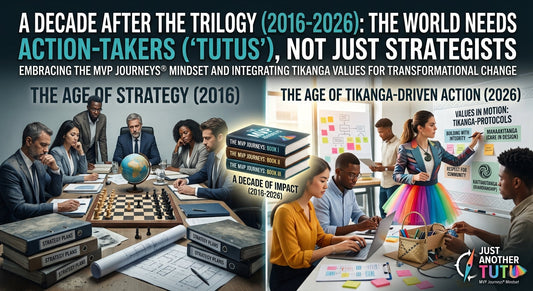 A side-by-side visual comparison representing 2016 to 2026, contrasting traditional corporate strategy with modern Tikanga-driven action and the MVP Journeys® mindset.