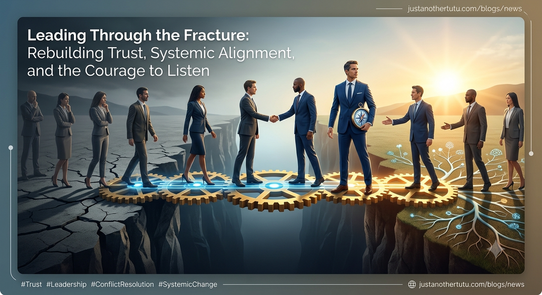 An abstract visual representation of leadership bridging organizational fracture, showing diverse team members connecting across a chasm through systemic alignment and trust building.