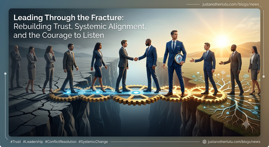 An abstract visual representation of leadership bridging organizational fracture, showing diverse team members connecting across a chasm through systemic alignment and trust building.