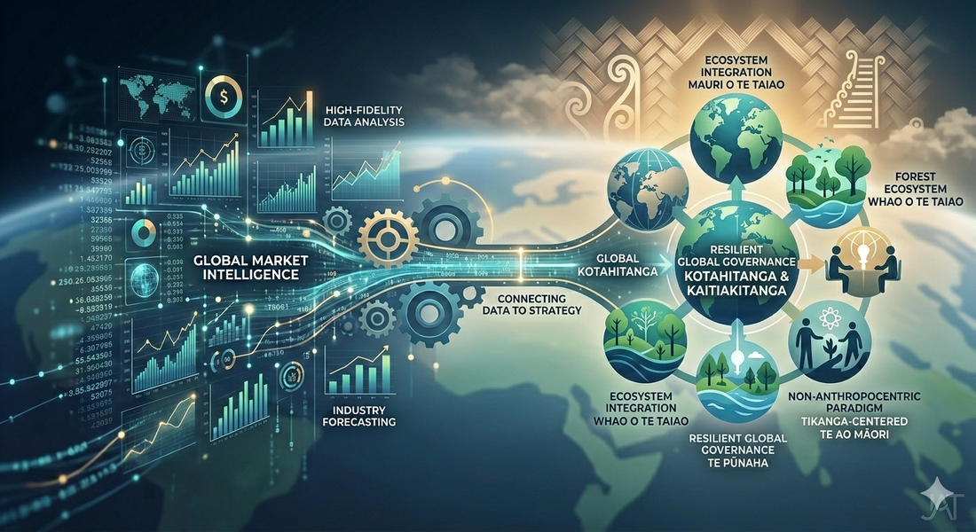Infographic mapping global market intelligence analytics transitioning into systemic leadership and resilient global governance grounded in Tikanga Māori principles like Kaitiakitanga and Kotahitanga.