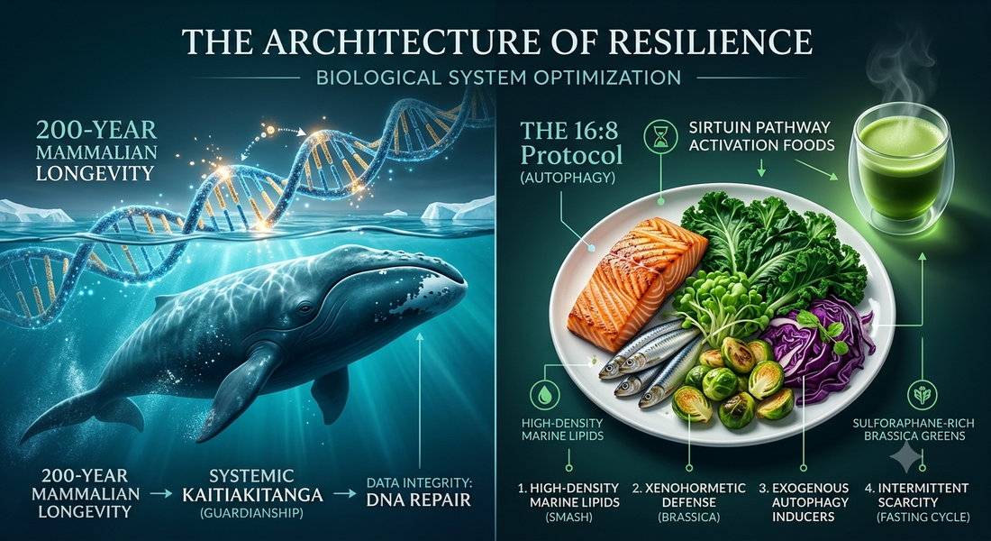 Infographic titled 'The Architecture of Resilience' detailing biological system optimization, featuring a bowhead whale representing DNA repair alongside a meal protocol optimized for autophagy and sirtuin pathway activation.
