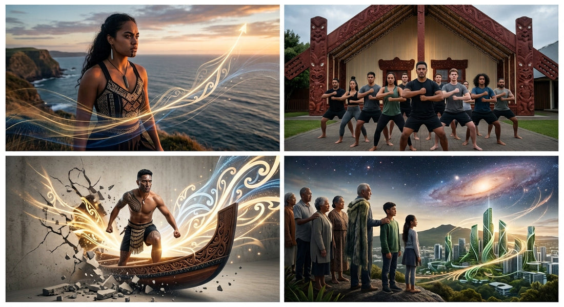 Four-panel tikanga-inspired artwork illustrating the Māori spirit of tutu, featuring a woman looking over the coast, a haka challenge at a wharenui, a waka breaking through digital barriers, and a whānau viewing a futuristic Aotearoa.