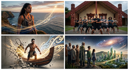 Four-panel tikanga-inspired artwork illustrating the Māori spirit of tutu, featuring a woman looking over the coast, a haka challenge at a wharenui, a waka breaking through digital barriers, and a whānau viewing a futuristic Aotearoa.