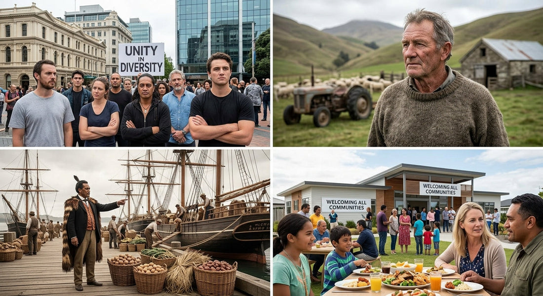 A four-panel montage representing Aotearoa New Zealand, featuring a bi-cultural unity rally, a multi-generational Pākehā farmer, historical 19th-century trade between Māori and European vessels, and diverse modern communities gathering together.