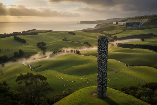 Pou whenua with koru carvings overlooking New Zealand dairy farmland — multi-generational land stewardship