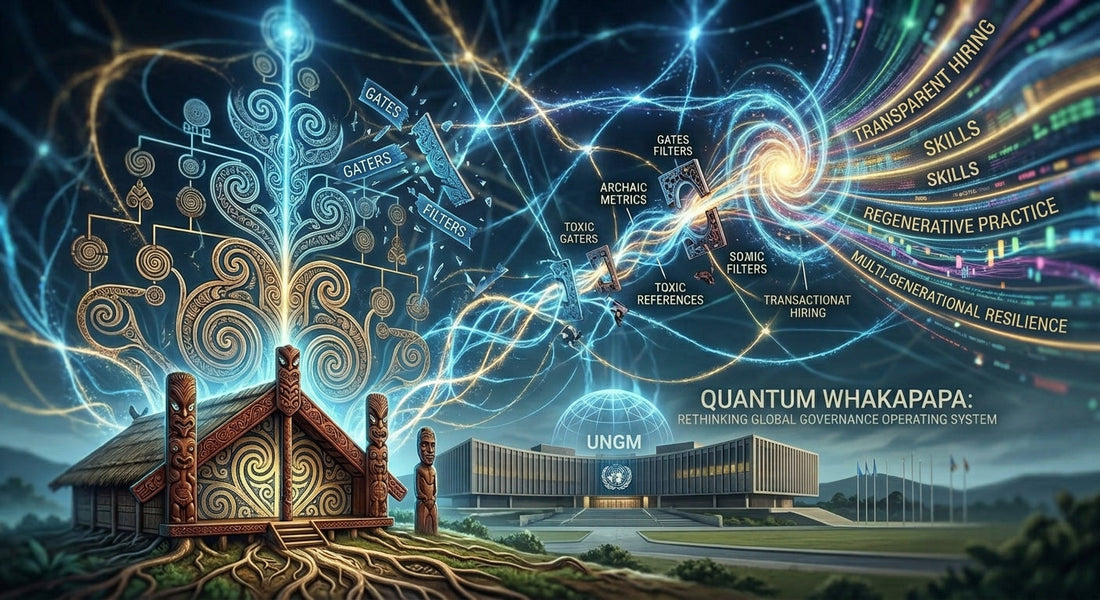 A traditional Māori carved meeting house emitting glowing quantum energy lines that dismantle archaic workplace metrics and flow toward concepts of multi-generational resilience above a global governance building.