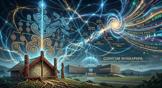 A traditional Māori carved meeting house emitting glowing quantum energy lines that dismantle archaic workplace metrics and flow toward concepts of multi-generational resilience above a global governance building.