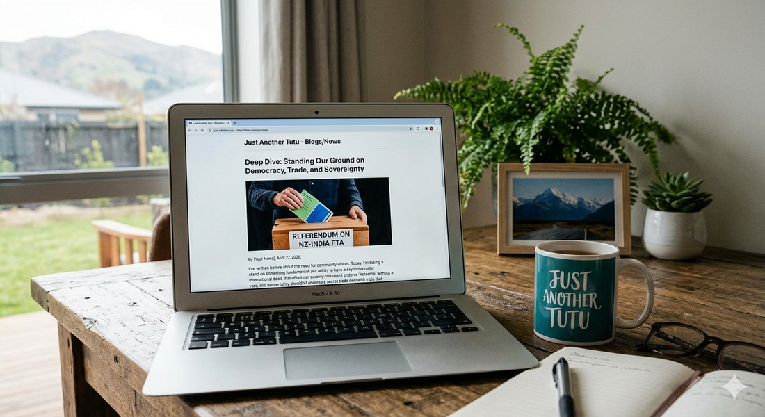 A laptop on a wooden desk displaying a JAT - MVP Journeys ® blog post about the New Zealand-India FTA referendum, next to a branded coffee mug and a notebook.