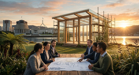 Professionals reviewing a Crown Accountability Blueprint on the Wellington Waterfront at Sunrise.