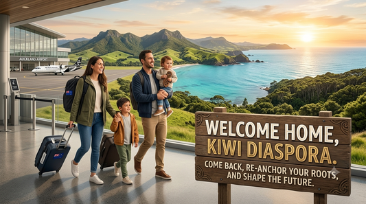 An inspiring image illustrating the Kiwi diaspora returning home to New Zealand, featuring a happy family, coastal scenery, and a welcome sign with a message about shaping the future.