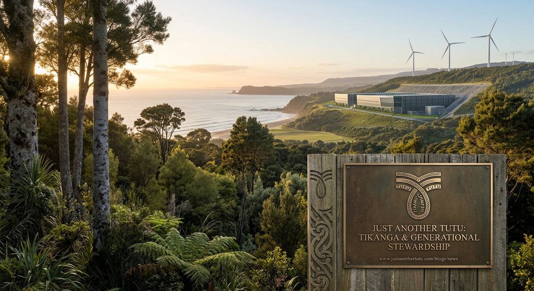 New Zealand Kauri forest at sunrise with sustainable data center facility powered by renewable energy, symbolizing long-term economic stewardship.