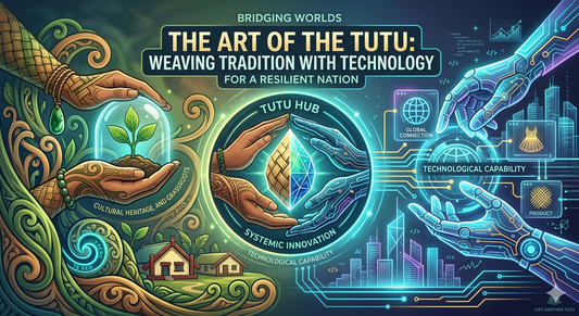 An infographic banner titled 'The Art of the Tutu' showing a Māori cultural design blending into digital AI circuitry, symbolizing the weaving of heritage with technology for national innovation.