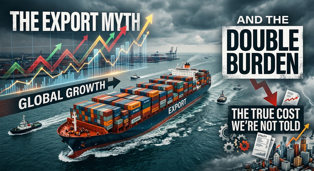 "The Export Myth," showing a cargo ship and positive growth charts on the left, set against a dark background with "The Double Burden" text, a crash arrow, and rising local costs on the right.