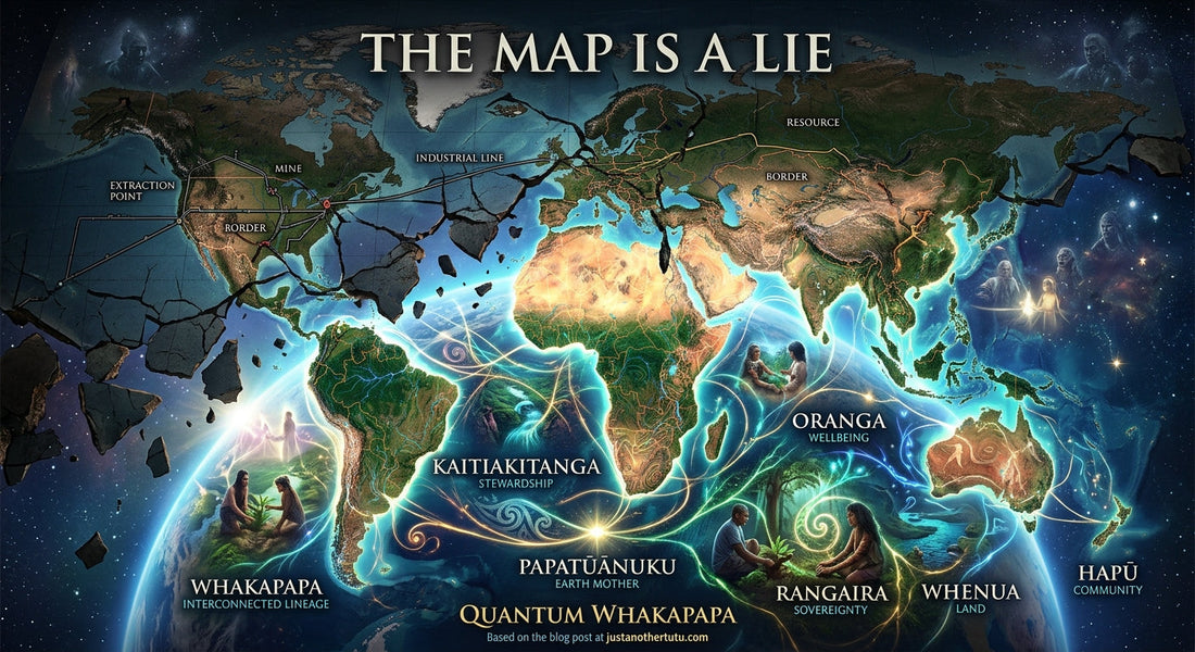 Conceptual map contrasting geopolitical borders with a glowing quantum whakapapa network and indigenous stewardship.