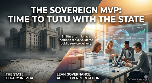 A split graphic contrasting a monolithic, legacy government building with an agile, collaborative modern workspace applying the Lean Canvas and Build-Measure-Learn feedback loop to public sector governance.