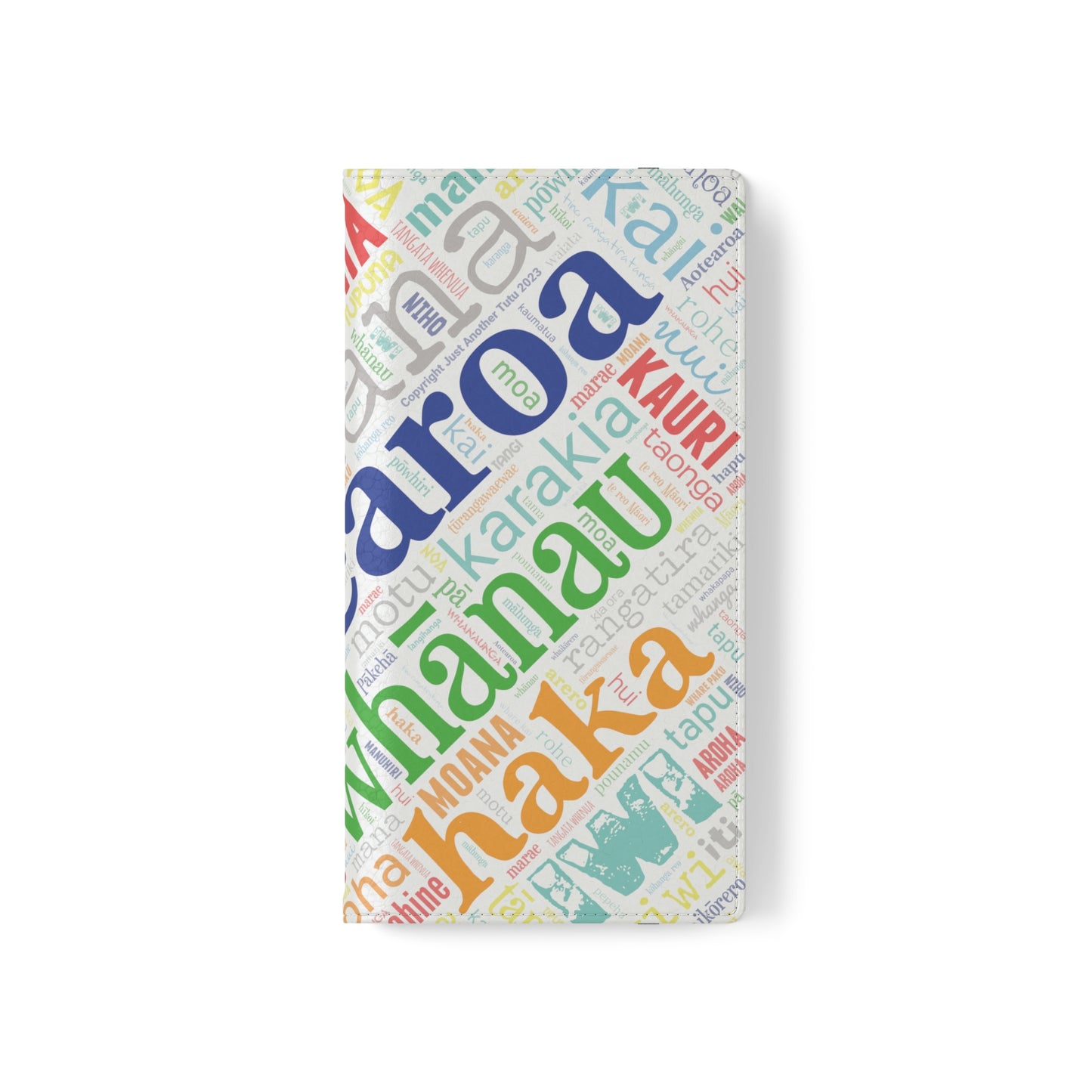 Rainbow White Māori Word Art Flip Cases