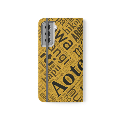 Yellow Māori Word Art Flip Cases