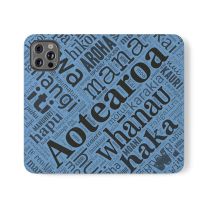 Light Blue Māori Word Art Flip Cases