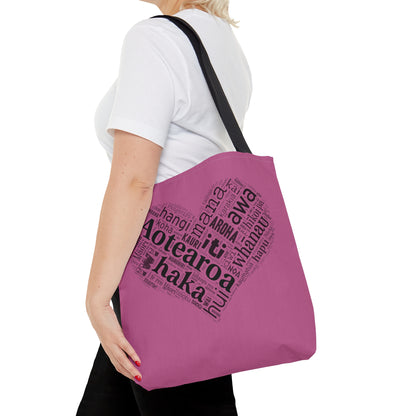 Pink Māori Word Art Heart Tote Bag