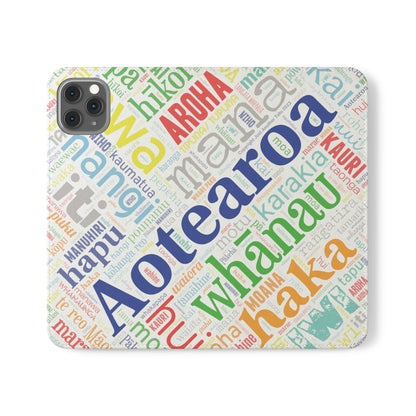 Rainbow White Māori Word Art Flip Cases