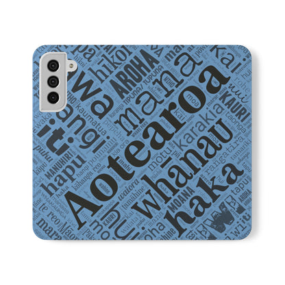 Light Blue Māori Word Art Flip Cases