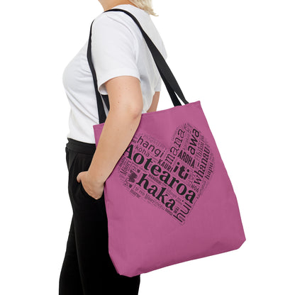 Pink Māori Word Art Heart Tote Bag