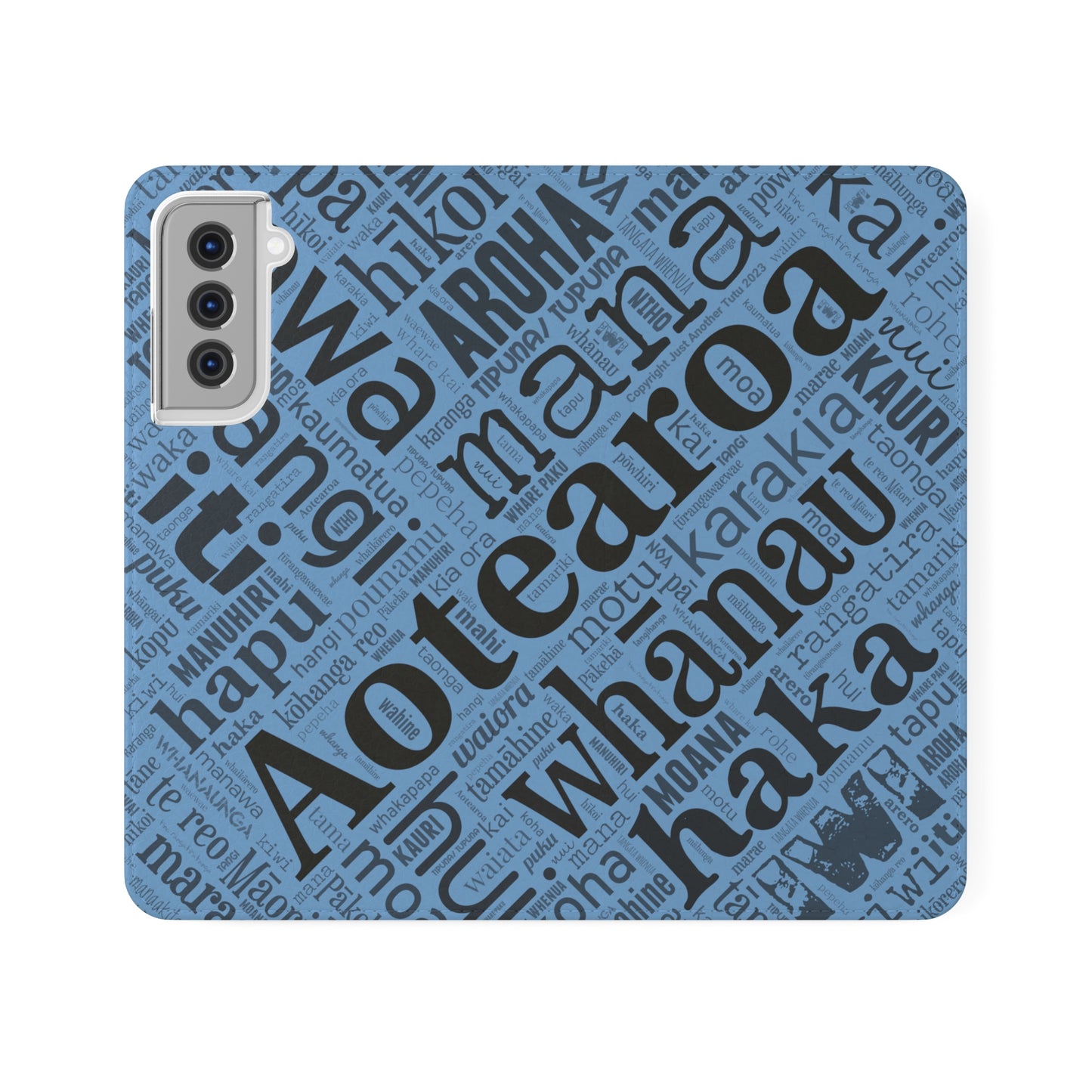 Light Blue Māori Word Art Flip Cases