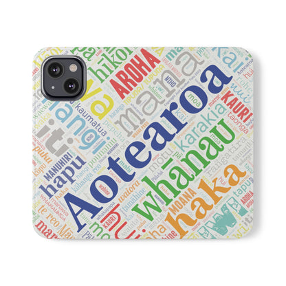 Rainbow White Māori Word Art Flip Cases