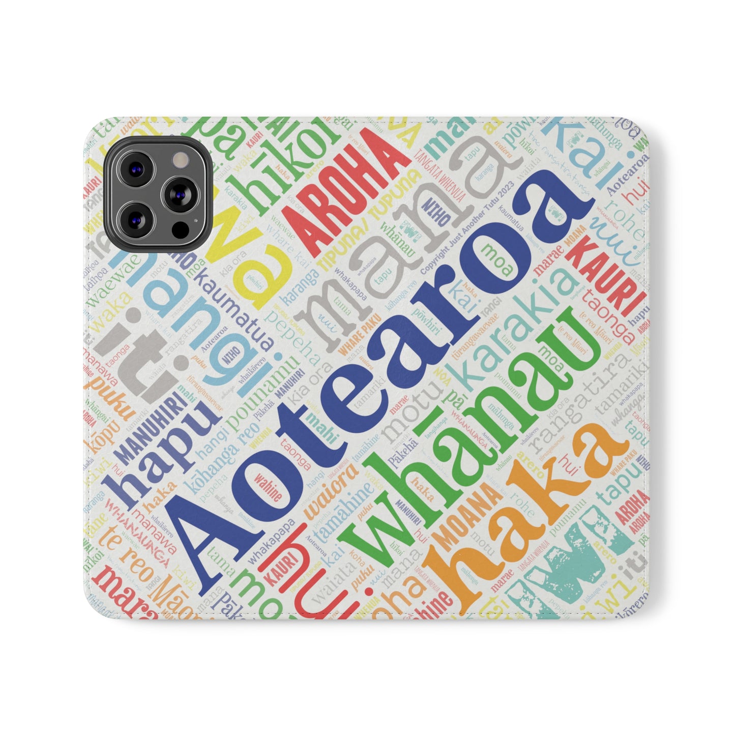 Rainbow White Māori Word Art Flip Cases