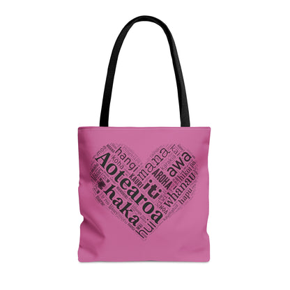 Pink Māori Word Art Heart Tote Bag