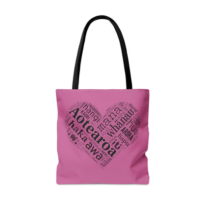 Pink Māori Word Art Heart Tote Bag