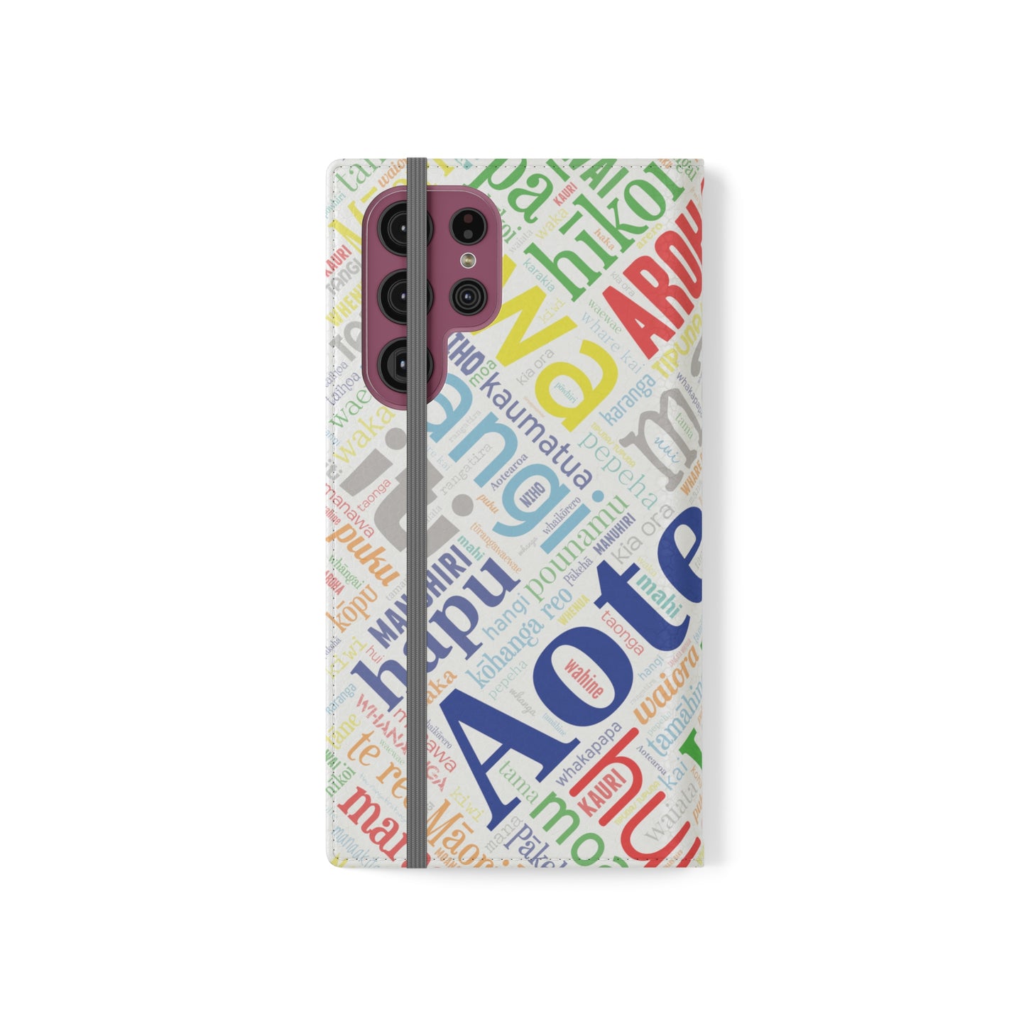 Rainbow White Māori Word Art Flip Cases