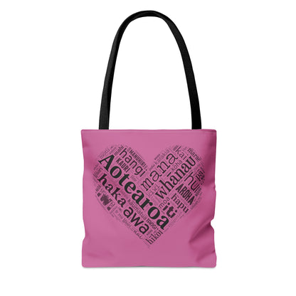 Pink Māori Word Art Heart Tote Bag