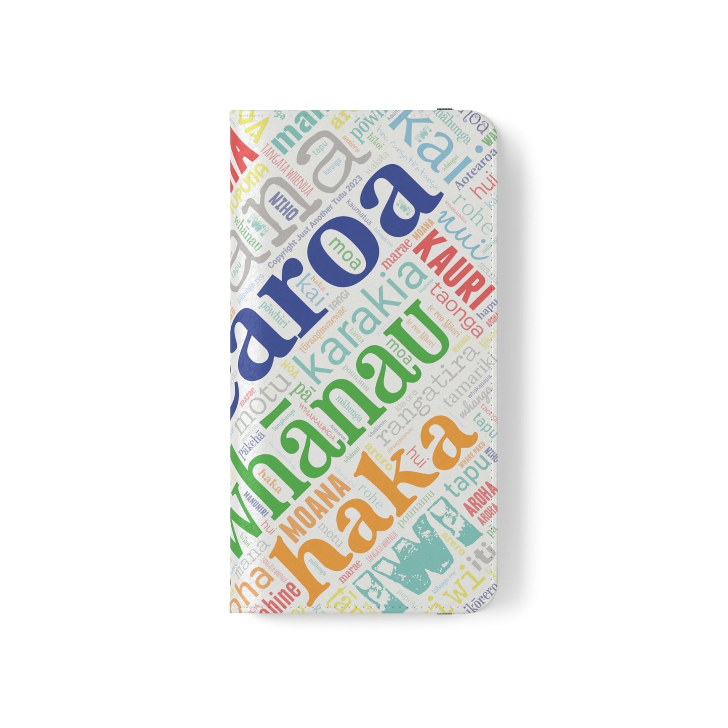 Rainbow White Māori Word Art Flip Cases