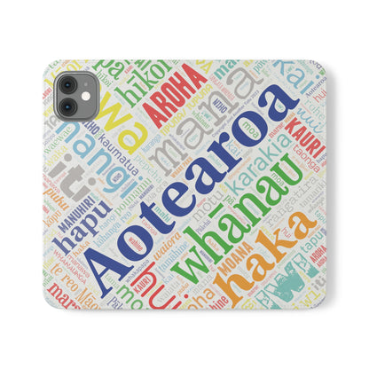 Rainbow White Māori Word Art Flip Cases