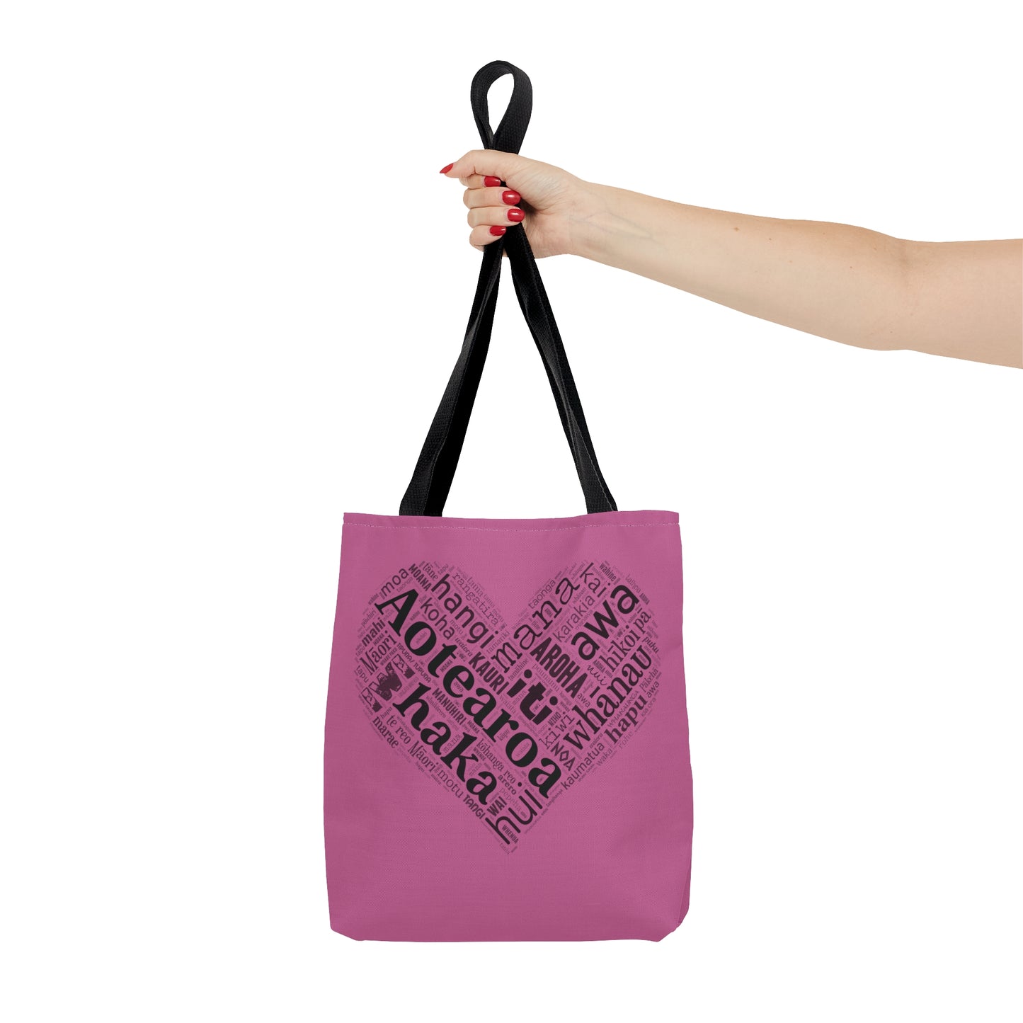 Pink Māori Word Art Heart Tote Bag